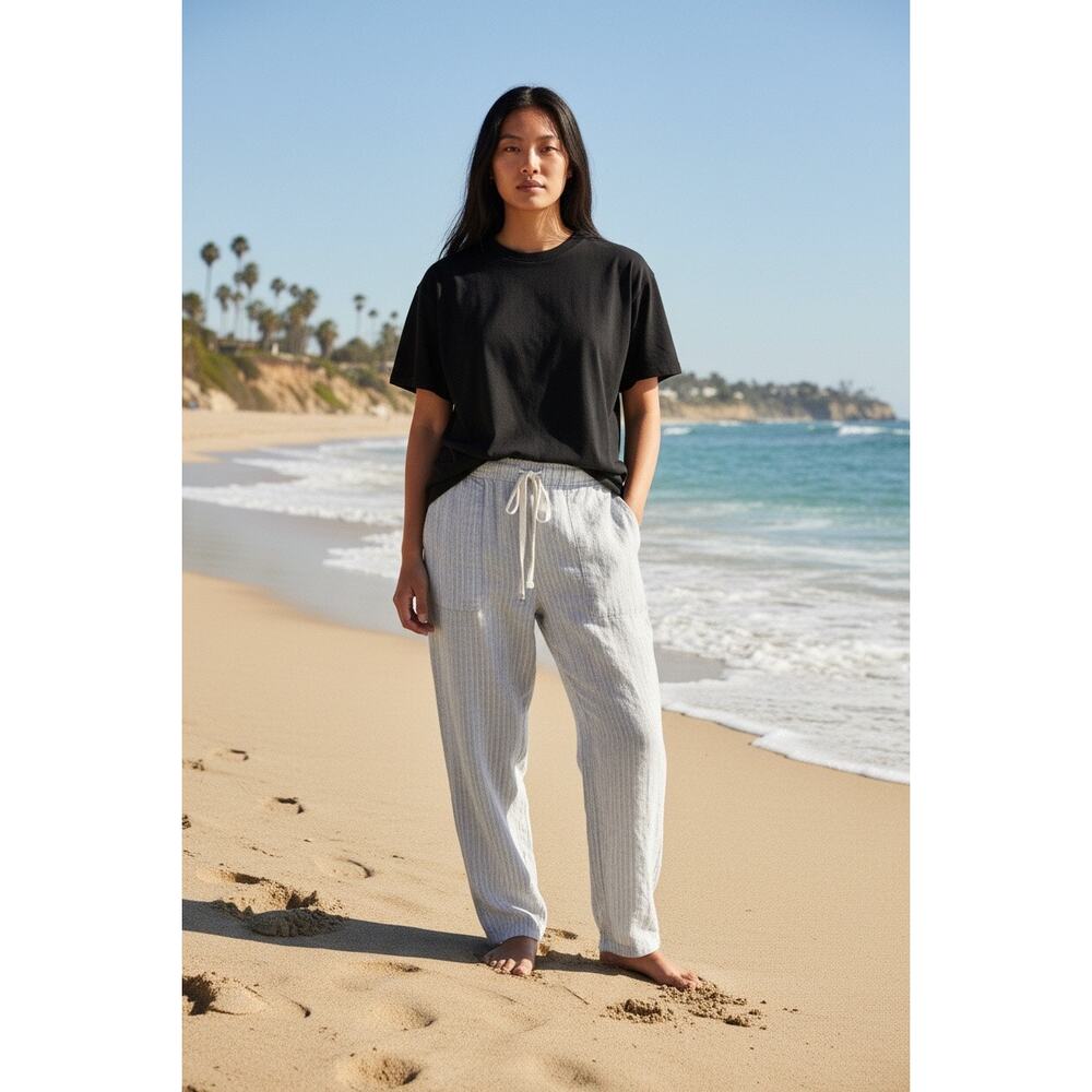 TJ Maxx 100% Linen Wide Leg Pants Large Striped Pull On Drawstring Summer Beach